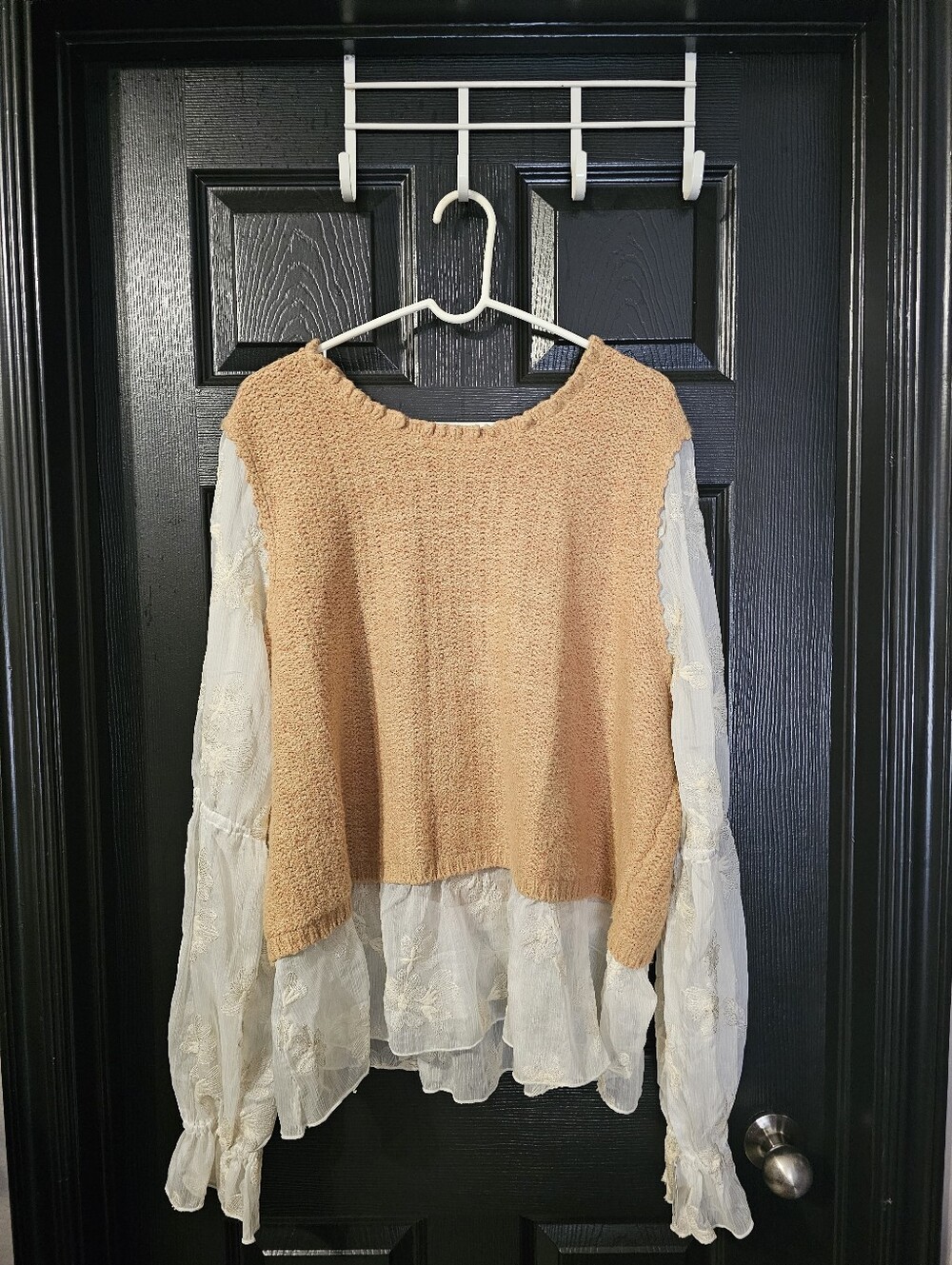Anthropologie Tan Knit Sweater with Cream Sheer Blouse Layer